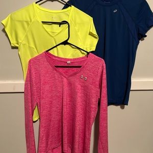 Three, name brand dry fit material, athletic shirts. ASICS, Under Armour, Jockey
